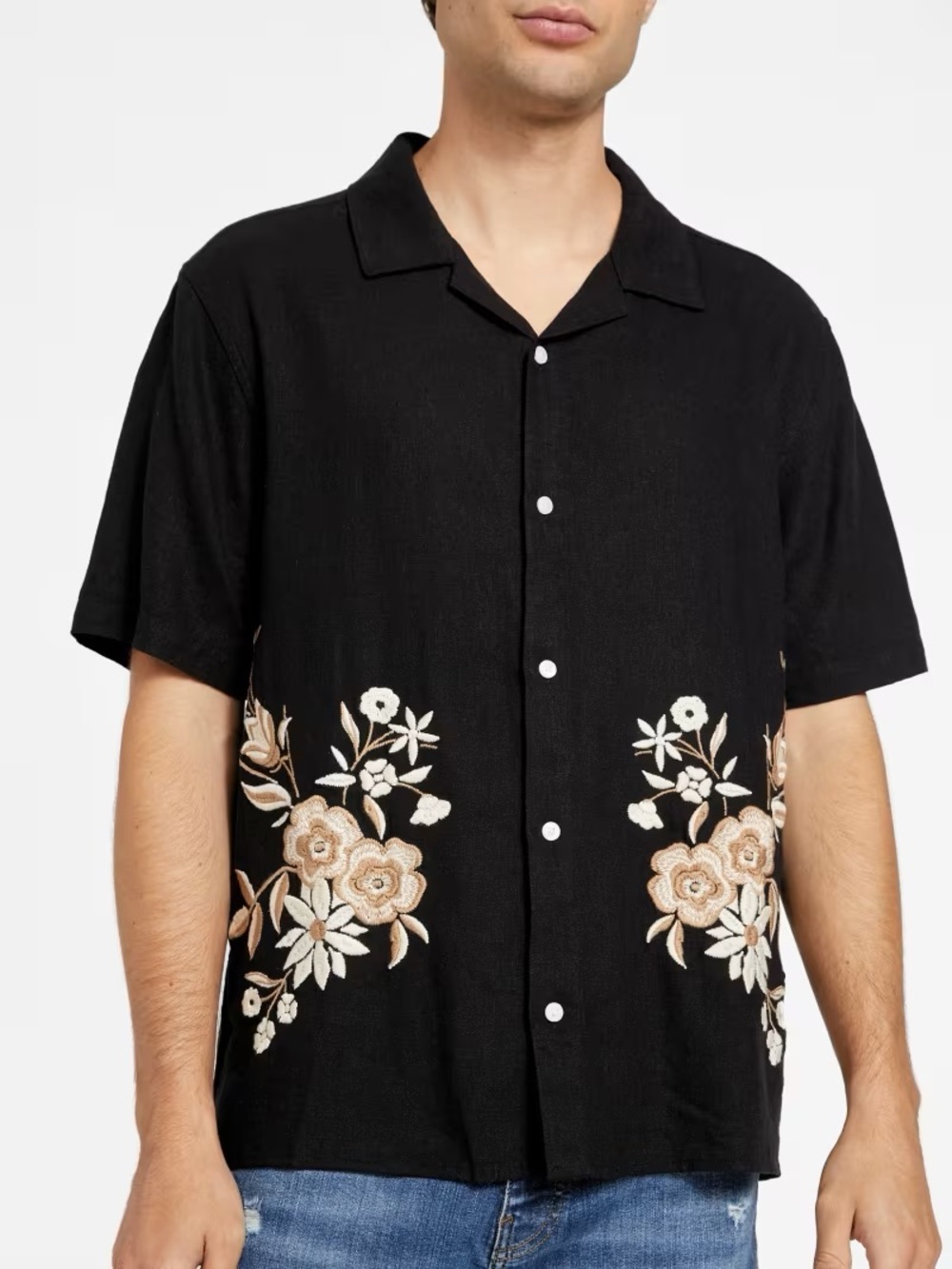 New Guess Black Short-Sleeve Button-Down Shirt with Beige Floral Embroidery